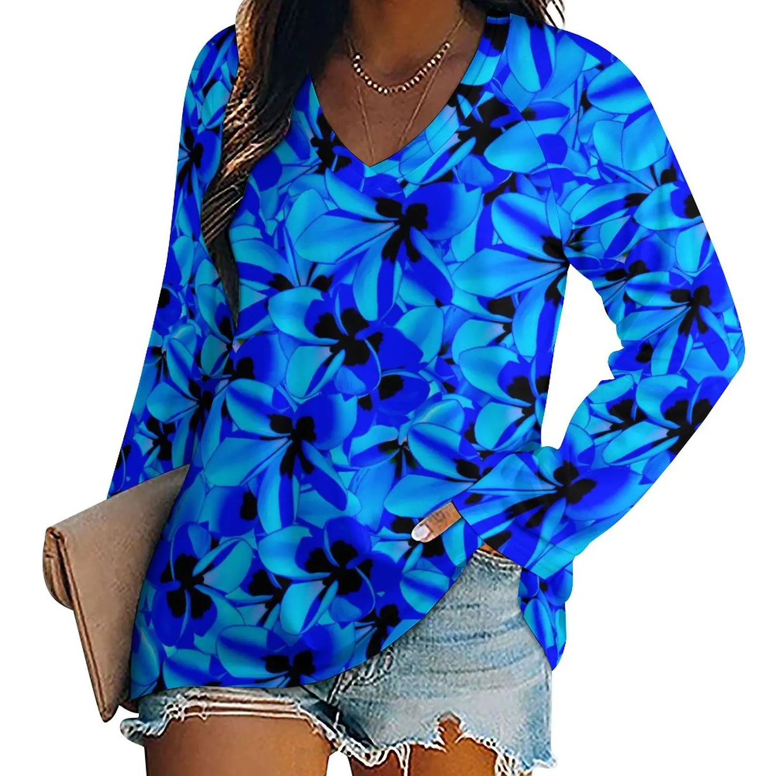 טרופי פרחוני חולצות כחול פרחים רטרו חולצה האישה, עם שרוולים ארוכים אופנת רחוב צמרות מנופחים צוואר V בגדים מותאמים אישית - 0