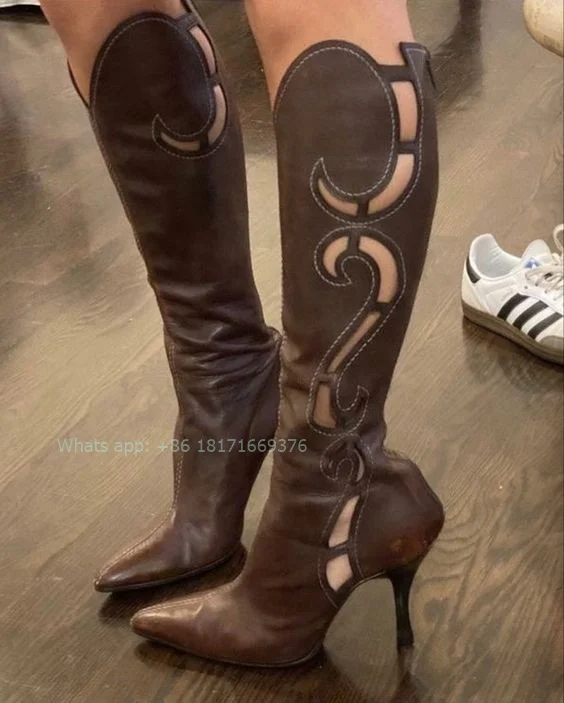 בראון עיצוב חלול פגיון העקב גבוהות מגפי נשים עור הברך גבוה סקסי אביר מגפיים שמלה מועדון ליידי נעליים - 0