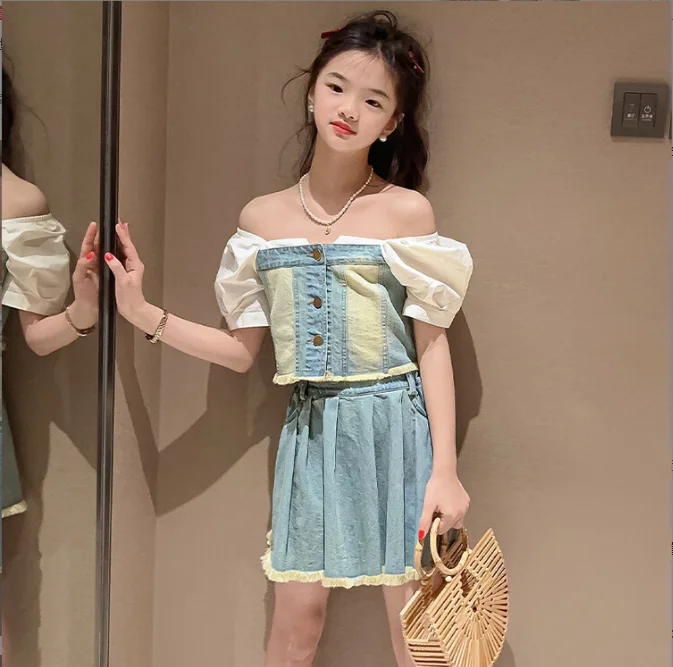 2023 קוריאה סגנון בנות 2 pc דנים להגדיר טלאים חולצה+חצאית קיץ מגניב באיכות טובה בנות אופנה חליפת 4-15t E908 - 0
