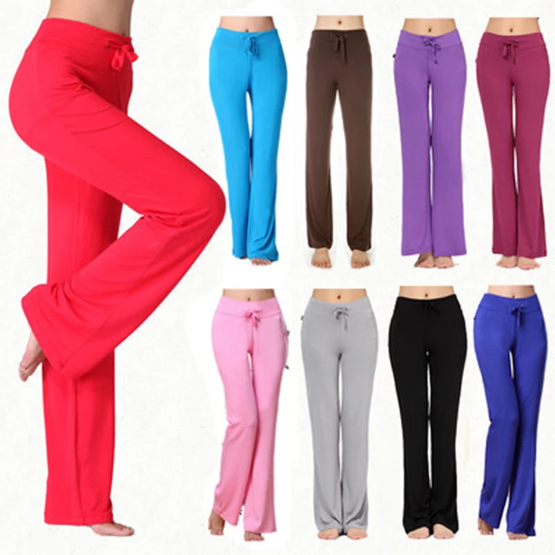 נשים מוצק צבע גבוהה מותניים שרוך רחב הרגל מכנסיים ארוכים יוגה ריקוד מכנסיים רחבים הרגל ליוגה רץ ג ' וגינג התעמלות - 0