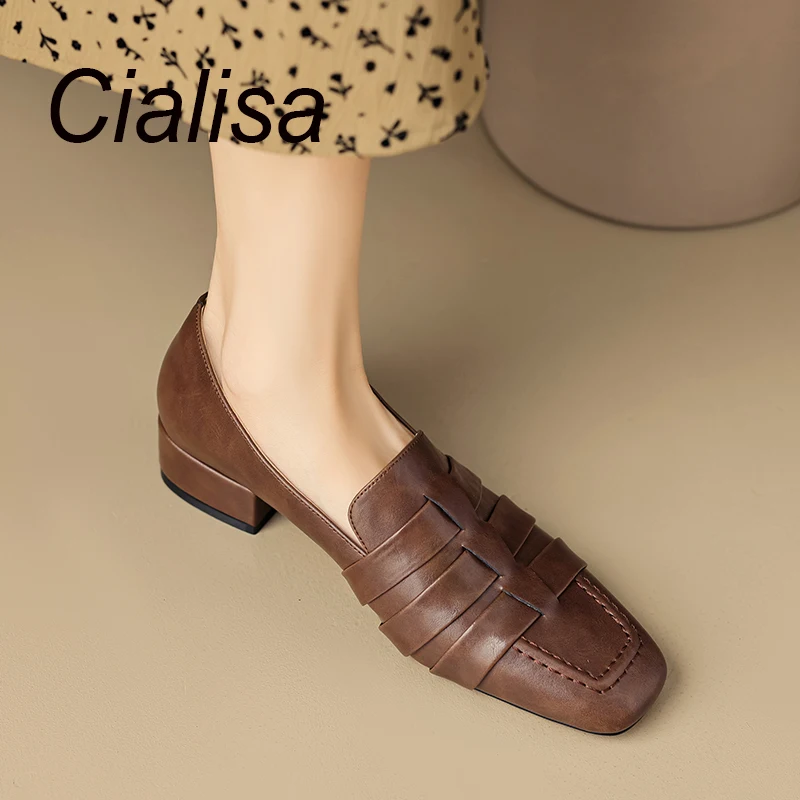 Cialisa נעלי נשים 2023 חדש סתיו נמוך העקבים משאבות עבודת יד עור אמיתית בוהן מרובע יומי גבירותיי נעליים חום שחור 33-40 - 0
