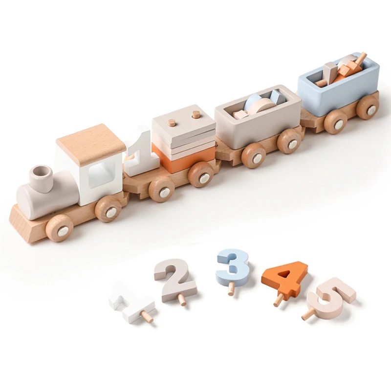 מונטסורי צעצועים מעץ הרכבת לתינוק ליום הולדת צעצוע עם מספרים, בלוקים משחק פעוטות בנים Girls1 2 3 4 5Baby למידה צעצוע - 0