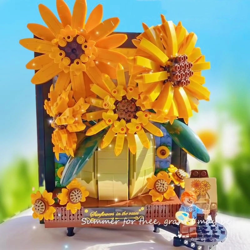 רעיונות ואן גוך חמניות בעציץ הזר אבני הבניין השמש פרח 3D דגם מסגרת תמונה לקישוט הבית לבנים צעצוע Diy מתנות - 0