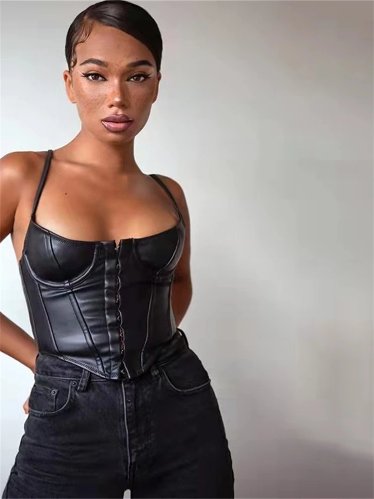 2022 נשים מחוך סקסי שחור עור PU מחוך קרופ טופ שיק ליידי שרוולים רצועת Camis Clubwear מחשוף סלים Camis - 1