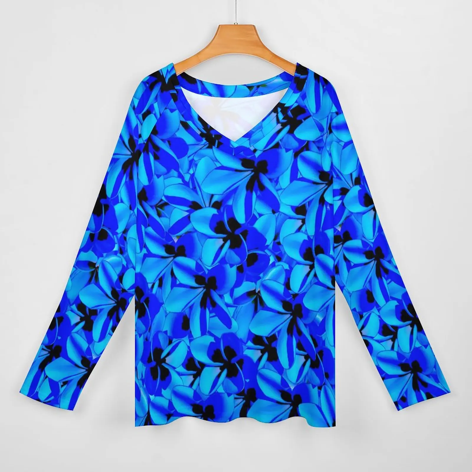 טרופי פרחוני חולצות כחול פרחים רטרו חולצה האישה, עם שרוולים ארוכים אופנת רחוב צמרות מנופחים צוואר V בגדים מותאמים אישית - 1