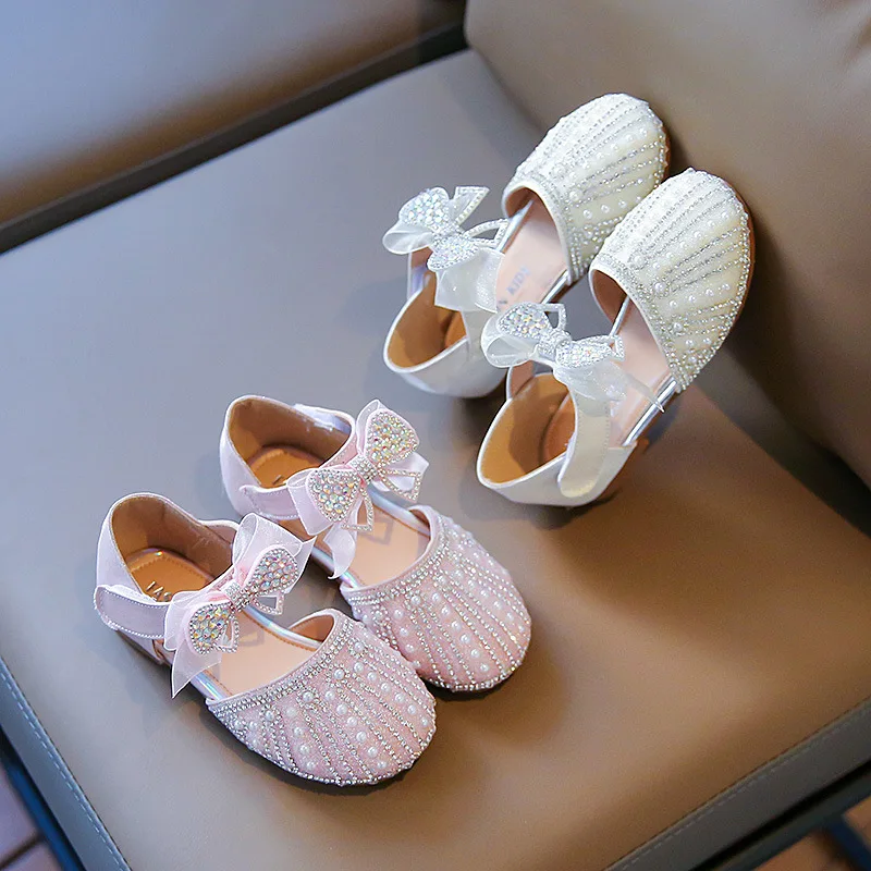 בייבי בנות קיץ הנסיכה נעליים רכות התחתונה קשת יהלומים מלאכותיים תלמיד נעליים 2023 חדש פרל ילדים האופנה של מסיבת סנדלים 23-36 - 1