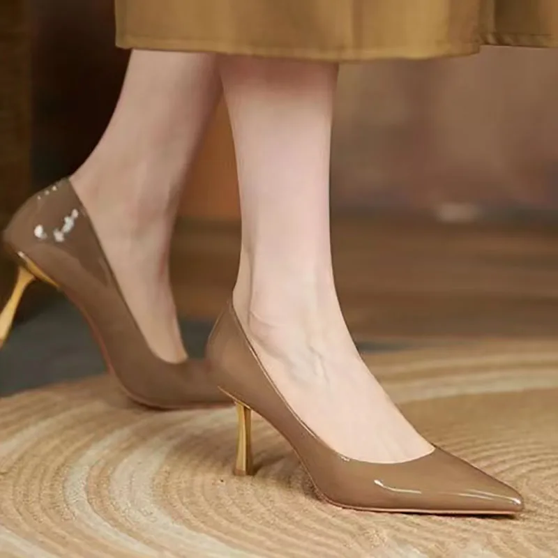חדש Flashion נשים מחודד משאבות הבוהן עקבים מעור נעלי שמלה זהב דק עקבים בסיסי משאבת נעלי עקב - 1