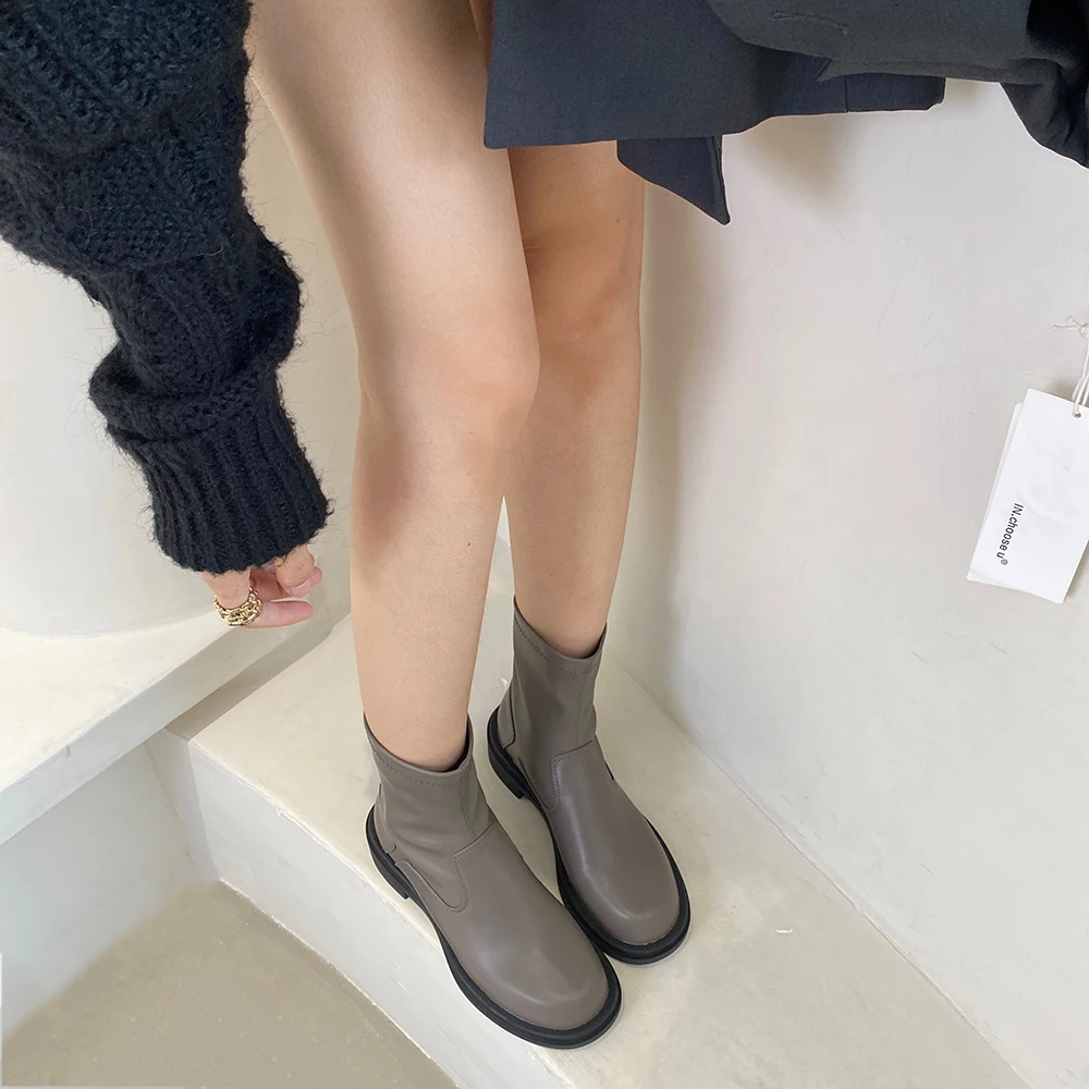 עגול הבוהן נשים מגפי קרסול נעלי גרב שחור חום אפור קצר Botas שטוח עקבים נמוכים למתוח את הנעליים צ ' לסי בוטה אישה גודל 35-40 - 1