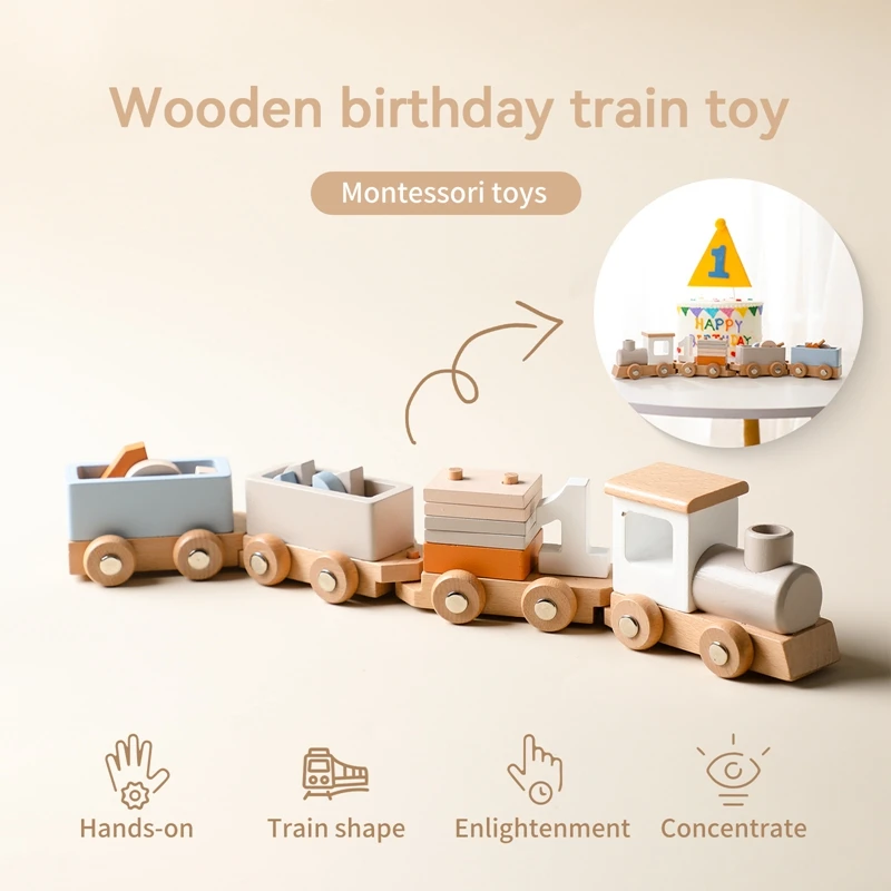 מונטסורי צעצועים מעץ הרכבת לתינוק ליום הולדת צעצוע עם מספרים, בלוקים משחק פעוטות בנים Girls1 2 3 4 5Baby למידה צעצוע - 1