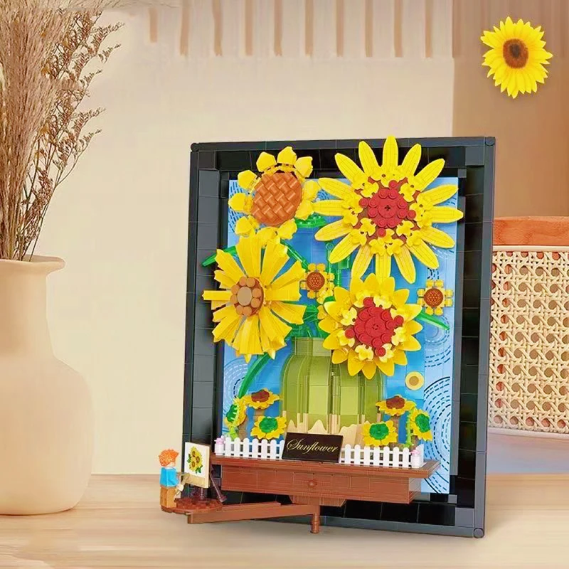 רעיונות ואן גוך חמניות בעציץ הזר אבני הבניין השמש פרח 3D דגם מסגרת תמונה לקישוט הבית לבנים צעצוע Diy מתנות - 1