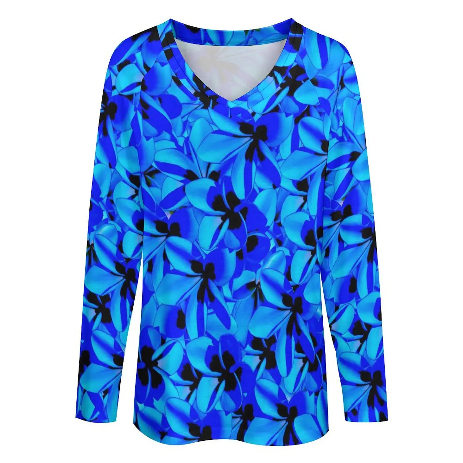 טרופי פרחוני חולצות כחול פרחים רטרו חולצה האישה, עם שרוולים ארוכים אופנת רחוב צמרות מנופחים צוואר V בגדים מותאמים אישית - 2