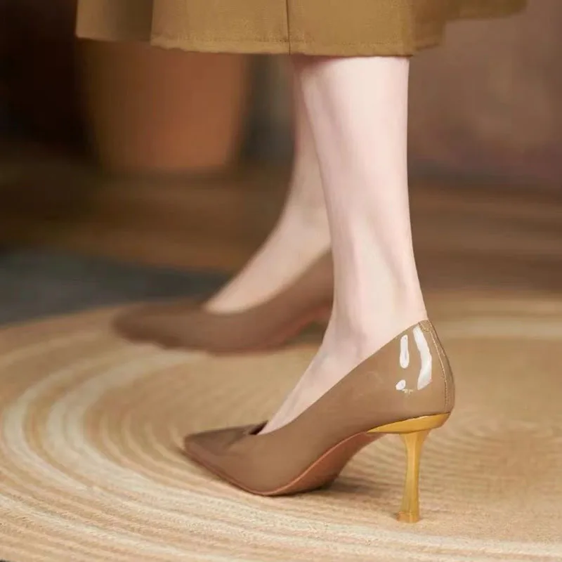 חדש Flashion נשים מחודד משאבות הבוהן עקבים מעור נעלי שמלה זהב דק עקבים בסיסי משאבת נעלי עקב - 2