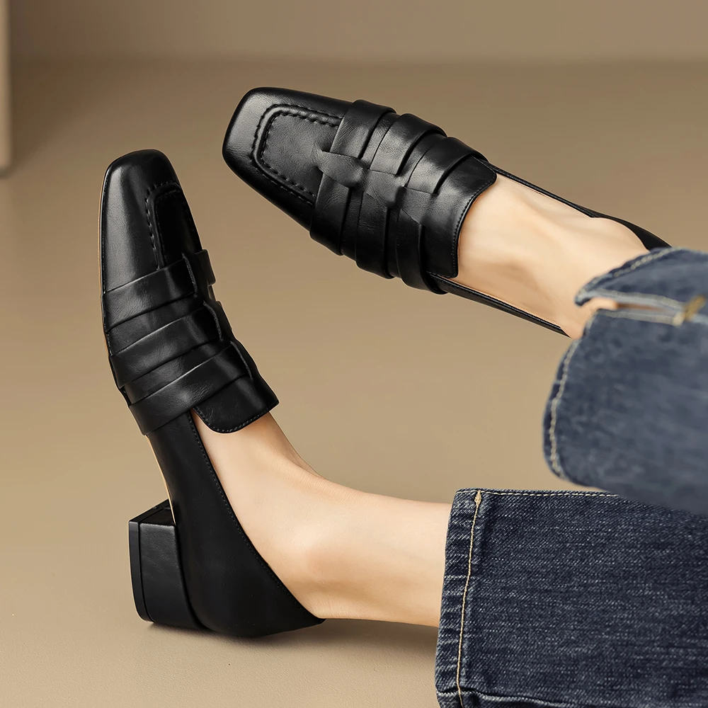 Cialisa נעלי נשים 2023 חדש סתיו נמוך העקבים משאבות עבודת יד עור אמיתית בוהן מרובע יומי גבירותיי נעליים חום שחור 33-40 - 2