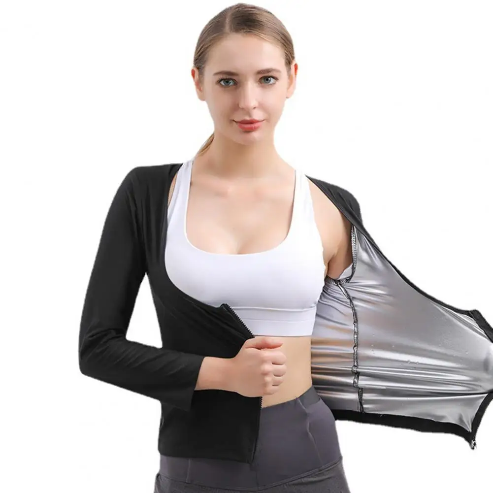סאונה החליפה חולצה יעיל של נשים סאונה החליפה לירידה במשקל, עיצוב וחיטוב גוף שרוול ארוך רוכסן סגירה אימון קט זיעה - 2