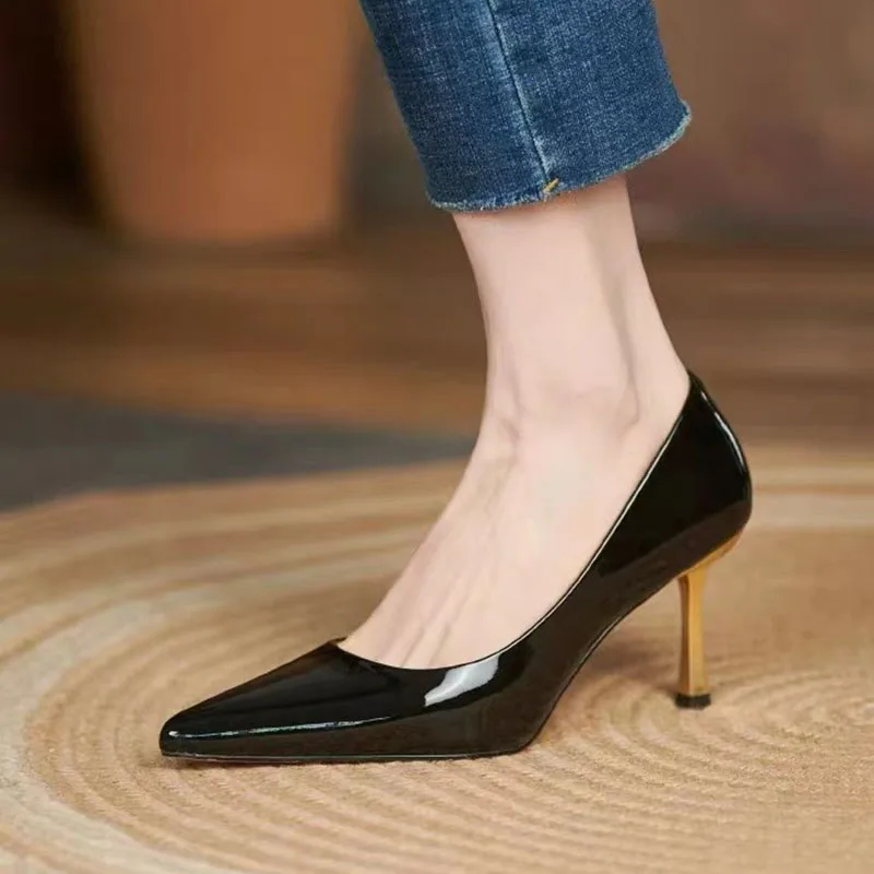 חדש Flashion נשים מחודד משאבות הבוהן עקבים מעור נעלי שמלה זהב דק עקבים בסיסי משאבת נעלי עקב - 4