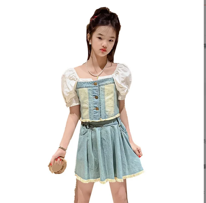 2023 קוריאה סגנון בנות 2 pc דנים להגדיר טלאים חולצה+חצאית קיץ מגניב באיכות טובה בנות אופנה חליפת 4-15t E908 - 4