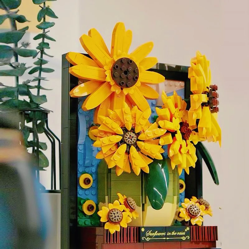 רעיונות ואן גוך חמניות בעציץ הזר אבני הבניין השמש פרח 3D דגם מסגרת תמונה לקישוט הבית לבנים צעצוע Diy מתנות - 4