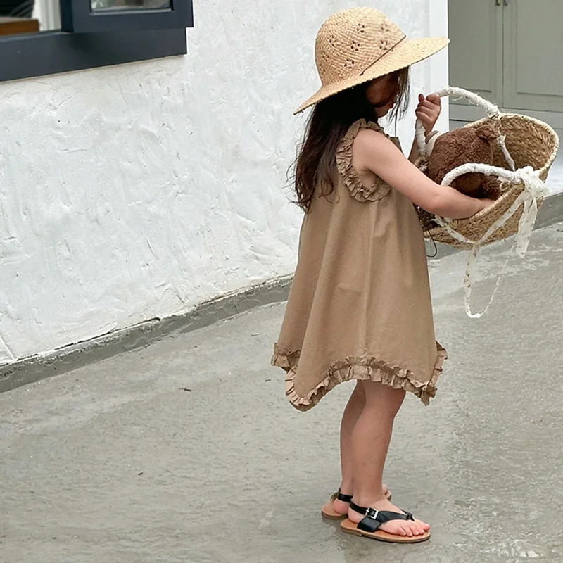 לילדים שמלות בנות בגדי הקיץ ילדה צוואר עגול ללא שרוולים קפלים שמלה לפעוטות התינוק השמלה 3-8 שנים - 4