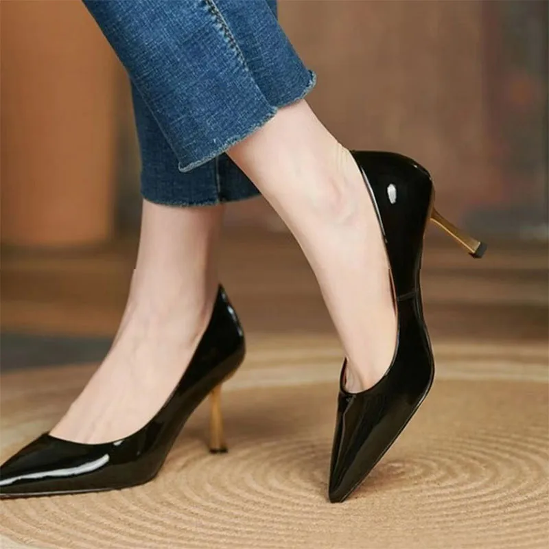 חדש Flashion נשים מחודד משאבות הבוהן עקבים מעור נעלי שמלה זהב דק עקבים בסיסי משאבת נעלי עקב - 5