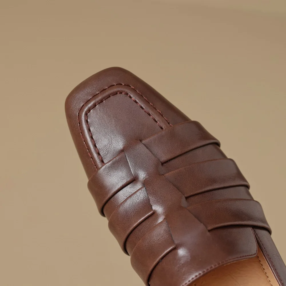 Cialisa נעלי נשים 2023 חדש סתיו נמוך העקבים משאבות עבודת יד עור אמיתית בוהן מרובע יומי גבירותיי נעליים חום שחור 33-40 - 5