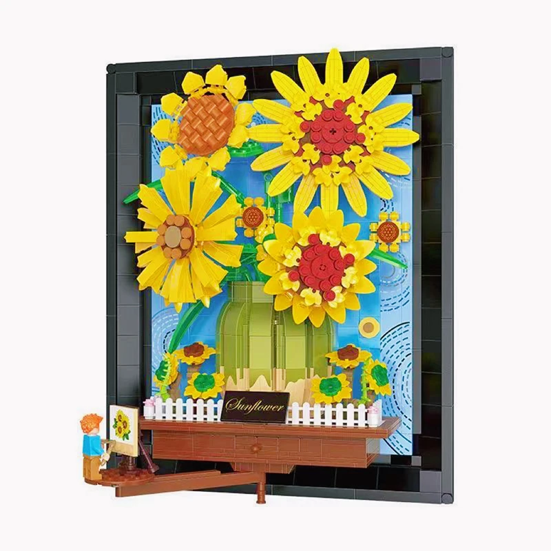 רעיונות ואן גוך חמניות בעציץ הזר אבני הבניין השמש פרח 3D דגם מסגרת תמונה לקישוט הבית לבנים צעצוע Diy מתנות - 5