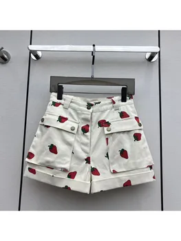 2023 נשים חדשות אופנה האביב והקיץ נוח קלאסי תות מודפס מטען מזדמנים מכנסיים קצרים נשיים