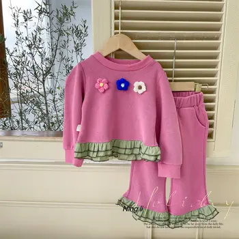 2023 סתיו ילדים בייבי בנות 2PCS סט בגדים כותנה פרח תוקנו לפרוע Pullovers הזיקוק חליפת מכנסיים ילדים בנות תלבושות