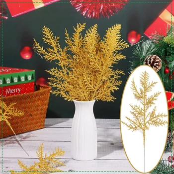 5Pcs נצנצים זהב עלים עץ חג המולד תלוי קישוט פרח צמחים מלאכותיים ענפי אורן חג המולד קישוט בית חג מולד שמח