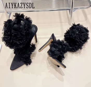 AIYKAZYSDL 2023 פרח סנדלי קרסול לעטוף בוהו סנדלי רטרו הנשף נעליים מחודד בוהן פתוח נעלי עקב גבוהות מסיבת משאבות נשים