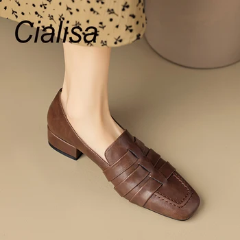Cialisa נעלי נשים 2023 חדש סתיו נמוך העקבים משאבות עבודת יד עור אמיתית בוהן מרובע יומי גבירותיי נעליים חום שחור 33-40