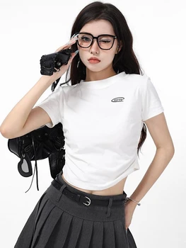HOUZHOU קוריאני אופנה נשים חולצת קיץ לבנה סדיר שרוול קצר יבול העליון אופנת רחוב בציר Y2k Tees סלים קיפלה את המכתב