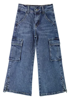KIDSCOOL החלל בנות מטען ג 'ינס עם דש כיס, רחב הרגל ונחלק את שולי החבר מכנסי ג' ינס