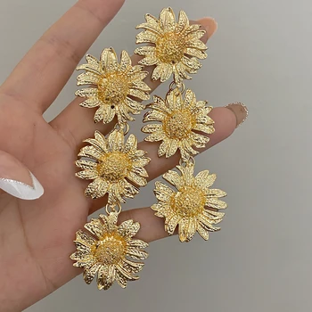 Lifefontier זהב מתכת צבע כסף מרובים חמניות זמן זרוק עגילים לנשים מוגזם פרח עגיל תכשיטים וינטאג'