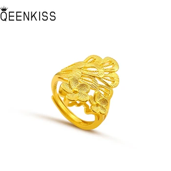 QEENKISS 24KT זהב טבעת פרח לנשים מתכוונן פיניקס הטבעת בסדר הסיטוניים תכשיטים מסיבת חתונה כלה בנות מתנה RG528