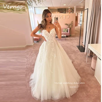 Verngo בוהו קו שמלות כלה תחרה אפליקציה טול רצועות ספגטי המדינה שמלות כלה בתוספת גודל אלגנטי החלוק de mariage