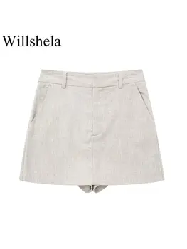 Willshela נשים אופנה גריי הרוכסן הקדמי מיני חצאיות מכנסיים קצרים בציר גבוהה המותניים נשי אופנתי ליידי קצרים.