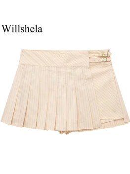 Willshela נשים אופנה פסים עם קפלים בצד רוכסן מכנסיים קצרים חצאיות מיני בציר גבוהה המותניים נשי אופנתי ליידי קצרים.