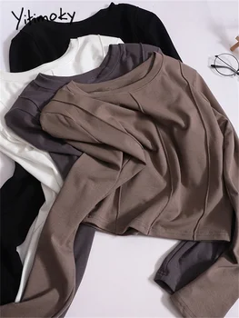 Yitimoky מוצק חולצת נשים סתיו חורף 2023 חדש קוריאני אופנה שרוול ארוך או הצוואר סלים מקרית Tshirts נשים אלגנטי Y2k העליון