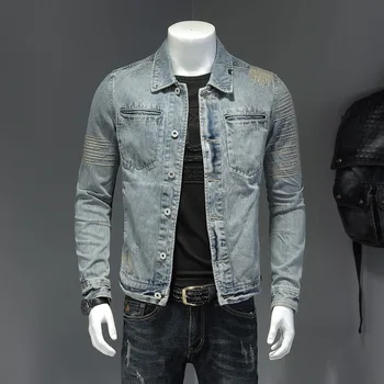 אביב סתיו אישית רקומה ג 'ינס ג' קט גברים באיכות גבוהה דש ג 'ינס גברים מעיל פשוט כיס עיצוב ג' ינס מעיל גברים