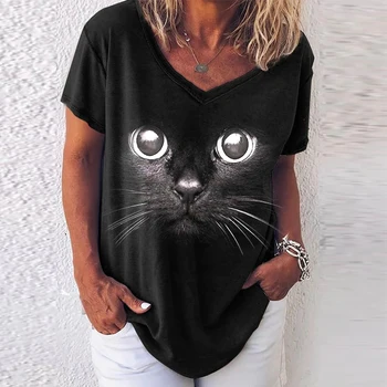 אופנה אישה חולצות 2022 טי-שירט נשים 3d חתולים הדפסה שחור Kawaii V-צוואר חולצת נשית בגדים מנופחים קיץ חולצות Tees
