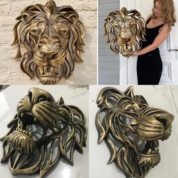 אריה צורת הראש קיר רכוב פסל זהב שרף יוקרה ראש החיה תליון תלייה על קיר חדר השינה מקורה קישוטי בית