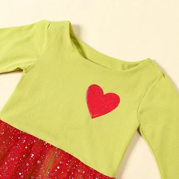 בגדי חג המולד תינוק בייבי בנות 2 חתיכה תלבושות הלב הדפסה שרוולים ארוכים נצנצים רשת רומפר השמלה בגימור חמודים.