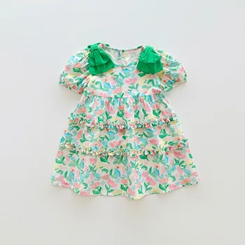 בנות קיץ שמלות 2023 פרח חדש הדפסה פאף שרוול O-צוואר לפרוע סגנון קוריאני בגדי ילדים חמוד קשת שמלת נסיכה ירוק