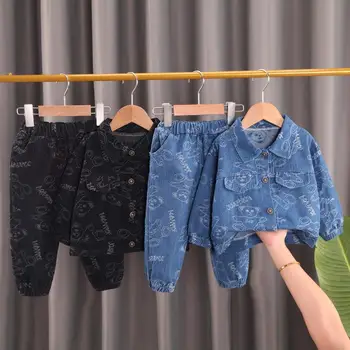 בנים אביב סתיו ללבוש ג 'ינס שני חלקים אופנה קוריאנית ילד להגדיר סיטונאי בגדי ילד פעוטה בגדי ג' ינס מעיל