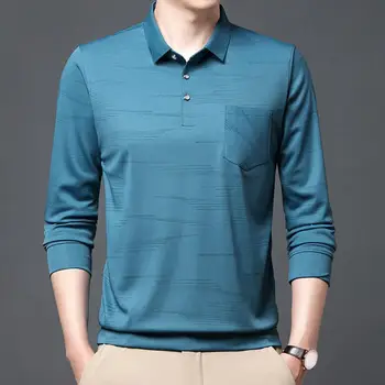 גברים חולצה רשמית עסקים Turn-למטה צווארון Slim Fit סאטן ארוך שרוול סוודר כפתור צוואר תיקון כיס אנשים המשרד חולצה 2023