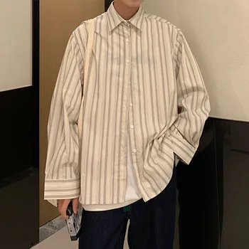 גברים סגנון קוריאני אופנת שרוול ארוך חולצות 2023 אביב Mens פסים בציר ניגוד החולצה זכר כותנה לכפתר חולצה A168