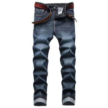 גברים קלאסי כחול ג 'ינס ג' ינס מקרית סטנדרטי מתאים ישר מכנסיים מתיחה תיקון המכנסיים.