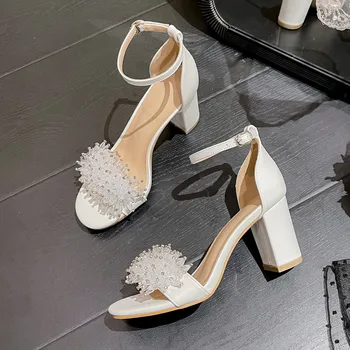גודל 33-43 בוהן פתוח 8cm עקב גבוה לבנים סנדלים לנשים לבן נעלי חתונה העקב עבה קיץ נעלי ריינסטון