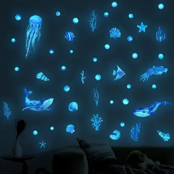 האוקיינוס יצורים זוהרים בחושך מדבקות קיר לעיצוב הבית זוהר פלורסנט חיות ים מדבקות לתינוק חדר ילדים קישוטים
