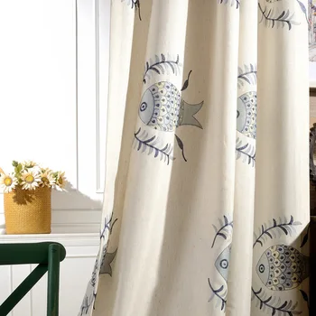האמריקאי פסטורלי סגנון הצללה וילונות סלון חדר שינה מודרני פשוט כותנה, מצעים רקומים דגים מסך בית מותאם אישית